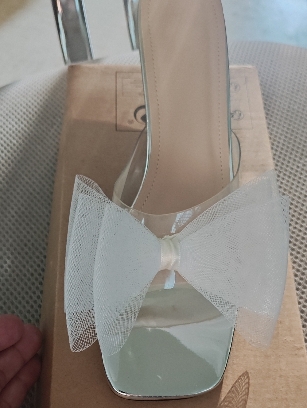 SHEIN Ivory Tulle Bow Clear Strap Block Heel Sandal